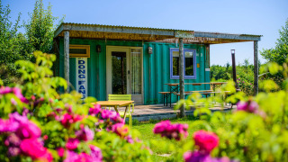 Pequeña casa de contenedor de envío con jardín florido y terraza de madera bajo el sol brillante.