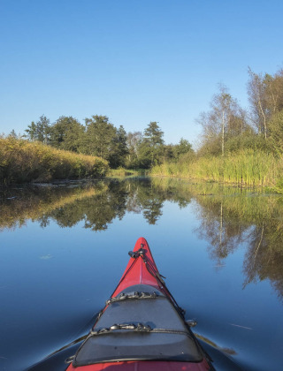 Paseo en kayak por aguas tranquilas cerca de Kraggenburg, Flevoland, Países Bajos, rodeado de vegetación.