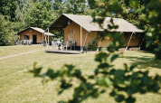 Safari-telt med eget bad ved Camping De Rammelbeek i Holland, placeret på en grøn plæne med træer.