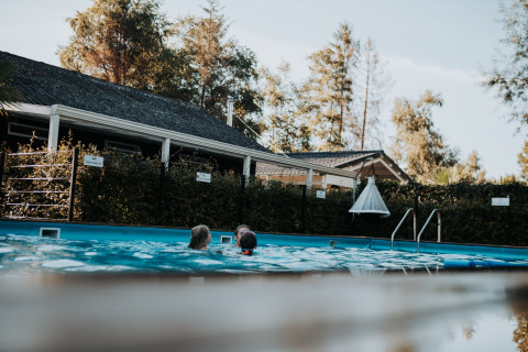Dos personas nadan en la piscina exterior del Camping Emmen en Drenthe, Países Bajos, rodeadas de árboles.