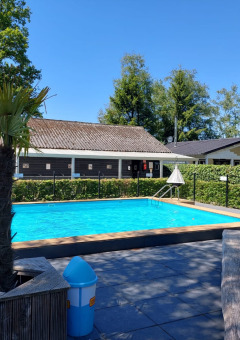 Piscina al aire libre con palmeras, bancos y tumbonas en Camping Emmen, Drenthe, Países Bajos, en día soleado.