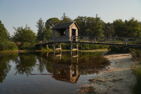 Træbro med lille skur over en stille sø omgivet af grønne træer i Familiepark de Vechtvallei, Overijssel.