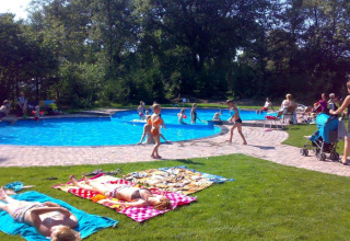 Kinderen spelen in het buitenzwembad en mensen liggen te zonnen op het gras bij Familiepark de Vechtvallei.