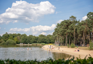 Familiepark Goolderheide in Belgian Limburg, with sandy beach, forest, and people enjoying a sunny day by the lake.