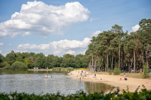 Familiepark Goolderheide in Belgian Limburg, with sandy beach, forest, and people enjoying a sunny day by the lake.