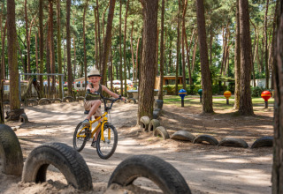 Ragazzo in bicicletta gialla su pista sterrata con pneumatici a Familiepark Goolderheide, Limburgo, Belgio.