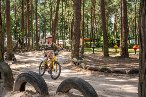 Junge fährt Fahrrad auf einer Bahn mit Reifen im Wald von Familiepark Goolderheide, Limburg, Belgien.