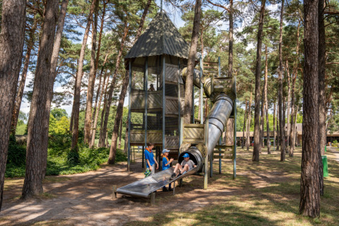 Bambini giocano su una grande torre con scivolo tra gli alberi al Familiepark Goolderheide, Belgio.