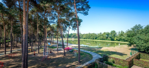 Familiepark Goolderheide in Belgian Limburg featuring woodland playground, open green space, path and pond.