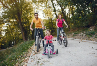 A family enjoys cycling together on a forest trail at Camping het Swinnenbos, Flemish-Brabant, Belgium.