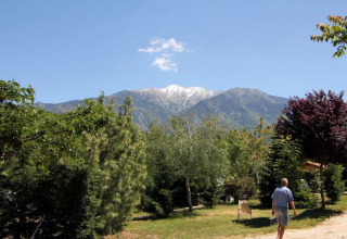 A man walks through the green Camping le Rotja park with mountain views and blue skies in Occitanie, France.