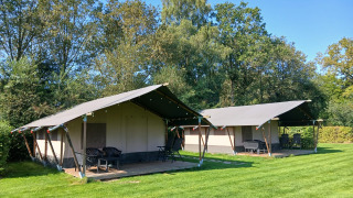 Safari tents at Familiepark de Vechtvallei in the Netherlands, set on green grass with trees in the background.
