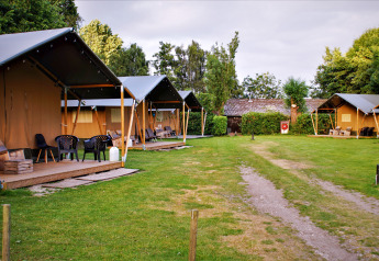 Tende safari con veranda in legno al Camping Gorishoek nei Paesi Bassi, circondate da prati verdi.