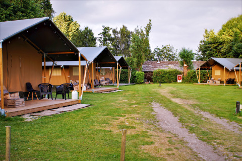 Safari tents with wooden porches at Camping Gorishoek in the Netherlands, surrounded by green lawns.