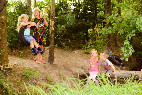 Niños jugando con un columpio de llanta en el bosque en FarmCamps t Looveld, un parque vacacional en Drenthe, Países Bajos.