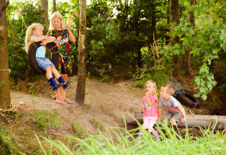 Børn leger på en gyngende dæk i skoven på FarmCamps t Looveld, en feriepark i Drenthe, Holland.