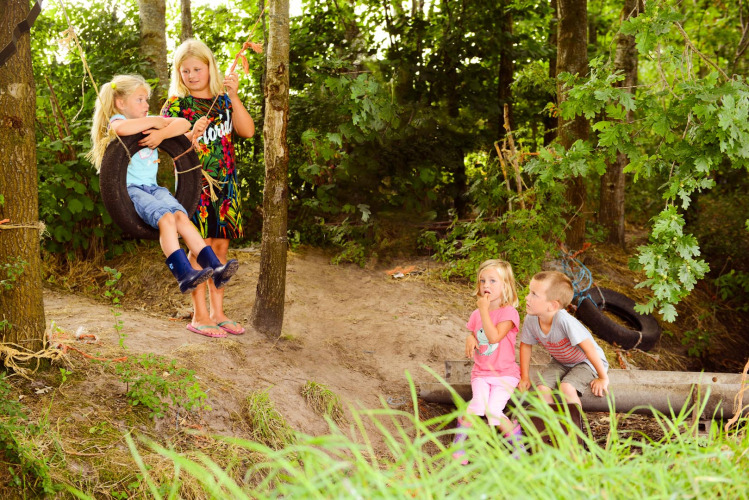 Des enfants jouent avec une balançoire pneu dans la forêt à FarmCamps t Looveld, un parc de vacances à Drenthe, Pays-Bas.