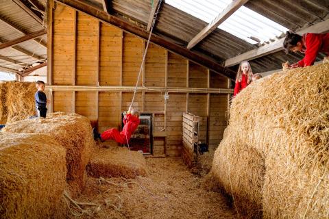 Kinderen spelen op strobalen en slingeren aan een touw in de schuur van FarmCamps t Looveld, Drenthe.