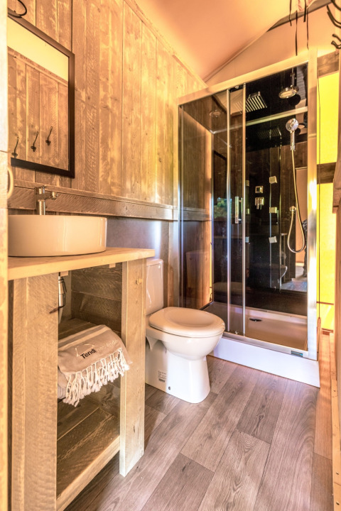 Salle de bain lumineuse dans un hébergement glamping avec murs en bois, douche moderne, lavabo et toilettes.