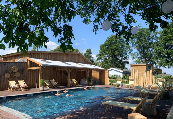Piscina al aire libre con tumbonas y refugios de madera en Camping Mareveld, parque vacacional en Limburg, Países Bajos.