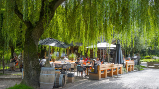 Zona de comedor al aire libre en Camping Mareveld, Limburg, Países Bajos, bajo árboles frondosos con gente.
