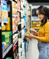 En kvinde shopper i et supermarked, læser etiketter og bruger sin telefon til at sammenligne produkter.