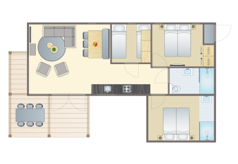 Grundriss des Beachlodge Deluxe im Vakantiepark Leukermeer mit drei Schlafzimmern, Wohnraum und Terrasse.