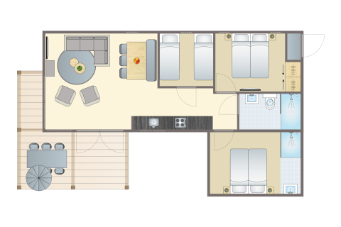 Plattegrond van Beachlodge Deluxe bij Vakantiepark Leukermeer met slaapkamers, keuken en terras.