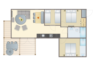 Grundriss der Beachlodge Deluxe im Vakantiepark Leukermeer mit Terrasse, Schlafzimmern und Wohnbereich.