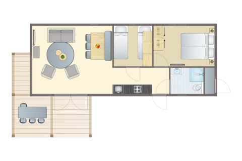 Plattegrond van Beachlodge Deluxe in Vakantiepark Leukermeer met 2 slaapkamers, badkamer en terras.