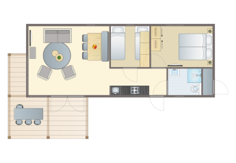 Plattegrond van Beachlodge Deluxe in Vakantiepark Leukermeer met 2 slaapkamers, badkamer en terras.