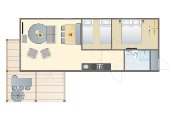 Plano del Beachlodge Deluxe en Vakantiepark Leukermeer, Países Bajos, con terraza, sala, dormitorios y baño.