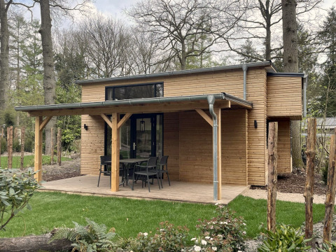 Modern tiny house met houten gevel, overdekte veranda, tuinset en omgeven door groen en bomen.