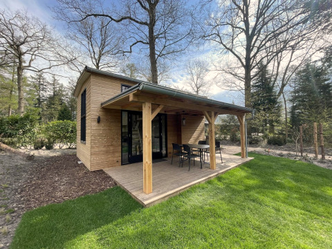 Klein houten huisje met overdekte veranda en tuinset, omgeven door groen gras en bomen in de lente.