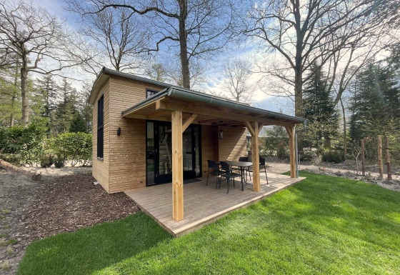 Klein houten huisje met overdekte veranda en tuinset, omgeven door groen gras en bomen in de lente.