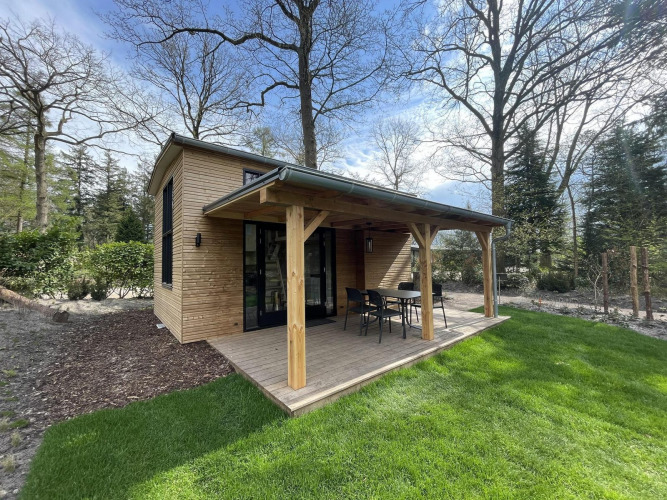 Pequeña casa de madera con porche cubierto, muebles de exterior y rodeada de césped y árboles primaverales.