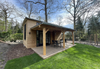 Tiny wooden house with a covered porch and outdoor furniture, set in a green garden surrounded by trees.