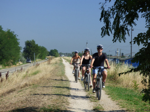 Tres ciclistas con cascos circulan por un sendero de grava cerca de Lido di Pomposa, Italia, rodeados de naturaleza.
