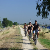 Tres ciclistas con cascos circulan por un sendero de grava cerca de Lido di Pomposa, Italia, rodeados de naturaleza.