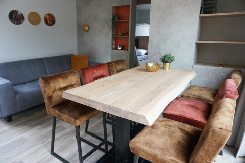 Espace repas avec table en bois et fauteuils confortables à la Family Lodge, Holiday park De Boshoek, Pays-Bas.