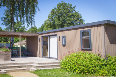 Family Lodge in vakantiepark De Boshoek in Nederland, met houten terras, stoelen en groene aanplant.