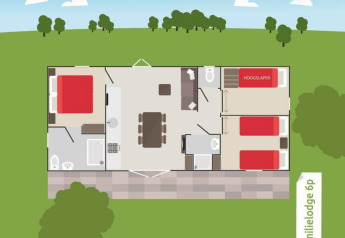 Plantegning af Family Lodge for 6 personer i Holiday park De Boshoek, med tre soveværelser og fælles områder.