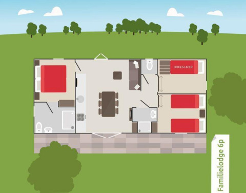 Plattegrond van Family Lodge voor 6 personen in Vakantiepark De Boshoek, met drie slaapkamers en gedeelde ruimtes.