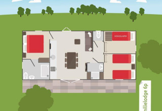 Plattegrond van Family Lodge voor 6 personen in Vakantiepark De Boshoek, met drie slaapkamers en gedeelde ruimtes.