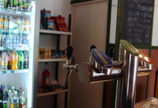 Bierkranen, drankkoelkast en snacks bij de bar in Camping Prima, Zuid-Bohemen, Tsjechië.