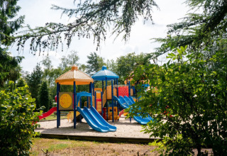 Parco giochi colorato con scivoli e strutture tra alberi al Camping de Zeven Heuveltjes in Drenthe.