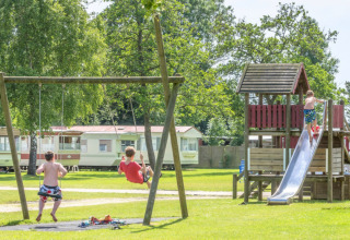 Bambini che giocano su altalene e scivolo al Camping Tussen de Diepen, Overijssel, Paesi Bassi.