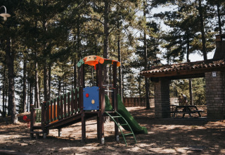 Parque infantil en Camping Luna del Monte, Umbría, Italia, rodeado de pinos, con tobogán y merendero.