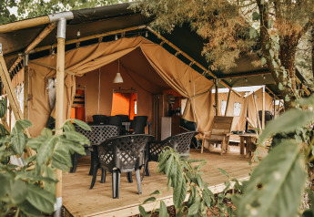 Tienda safari con terraza de madera, sillas de jardín negras y vegetación alrededor, ambiente acogedor.