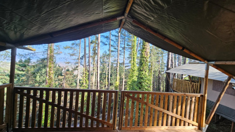Blick von der Safari-Zeltveranda beim Camping Luna del Monte in Italien mit Ausblick auf Wälder.